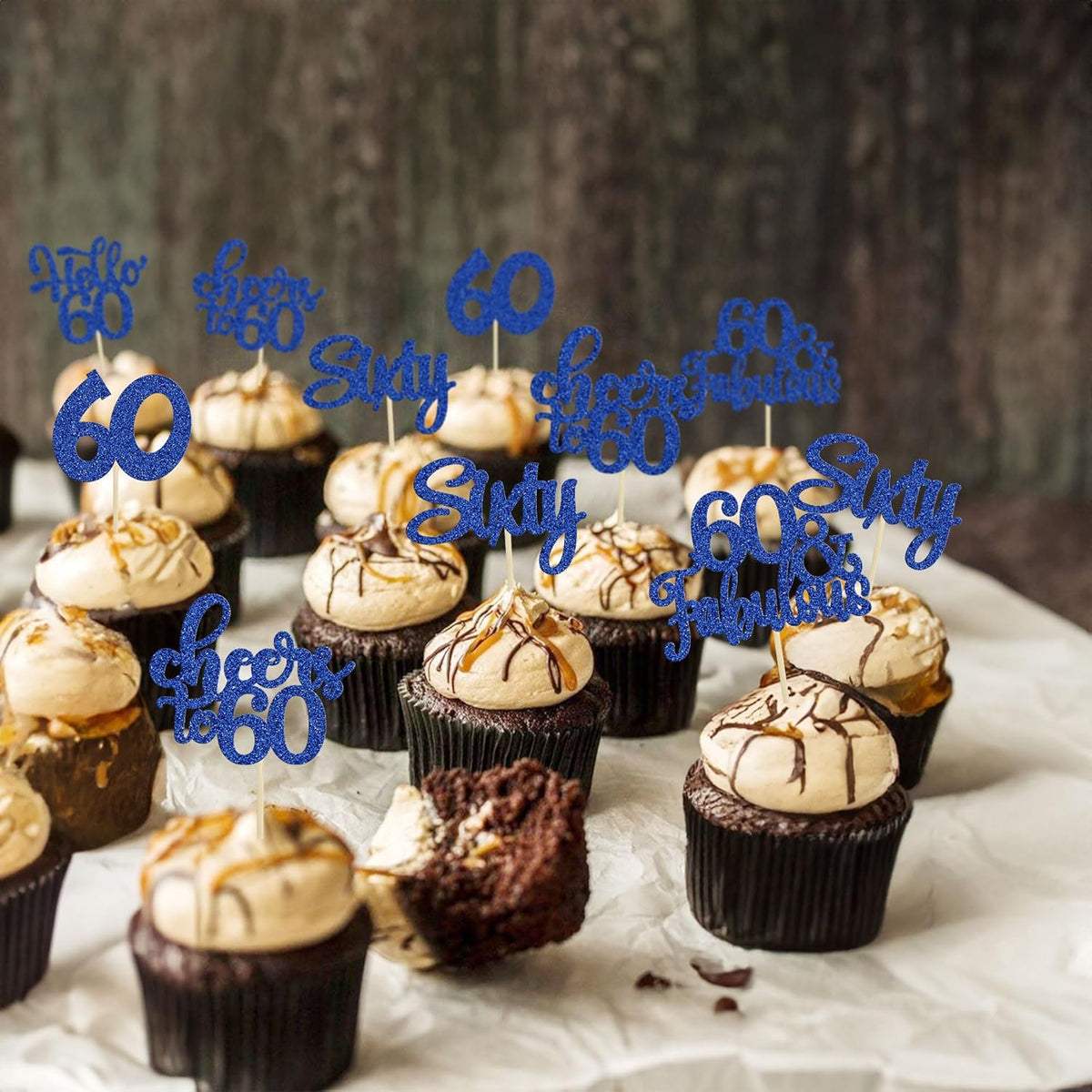 30Pcs Happy 60th Birthday Cupcake Toppers Deep Blue Glitter Sixty Cake Toppers Cheers to 60 Years