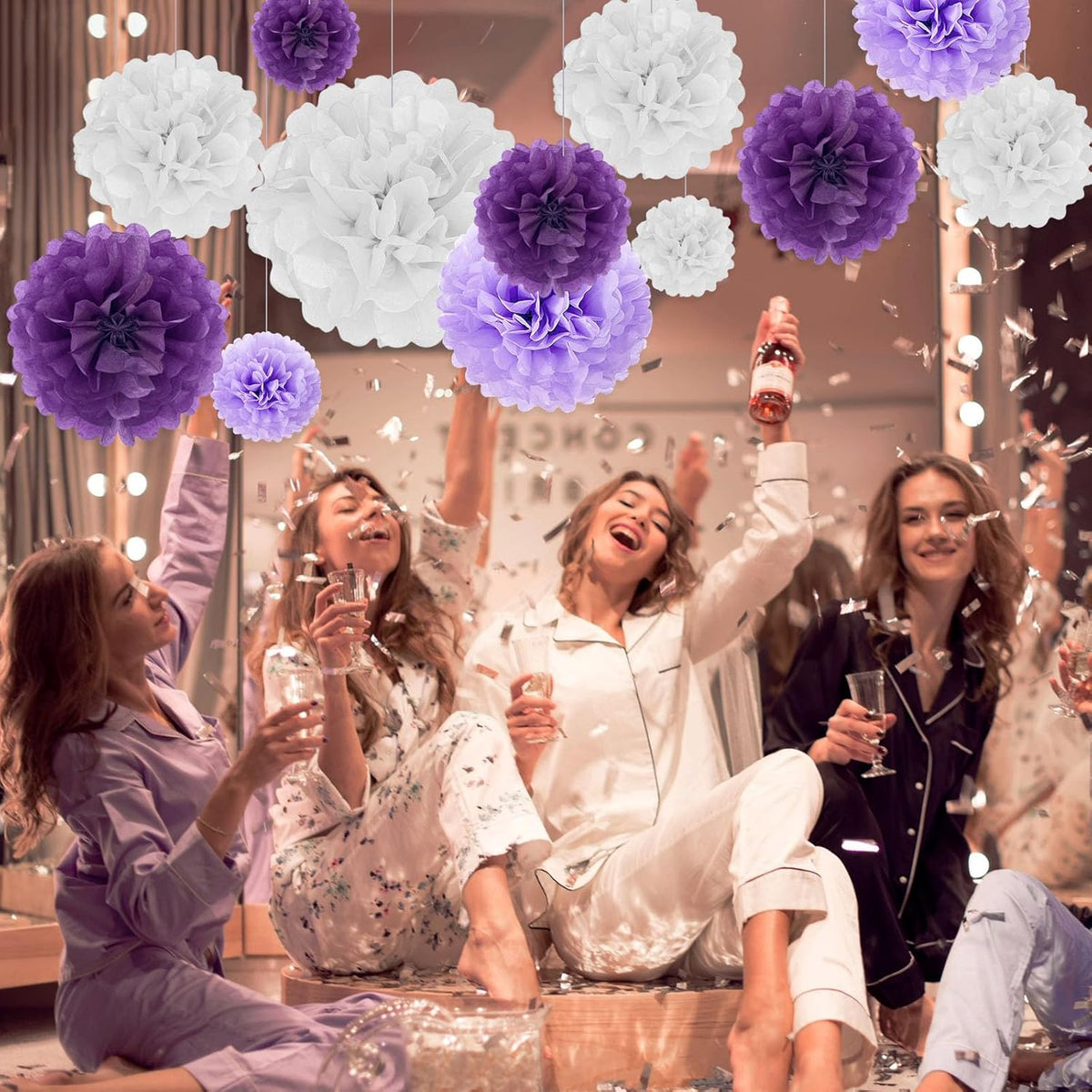 Tissue Paper Pom Poms, Purple White Tissue Paper Flowers, Hanging Flower Balls for Weddings Fiesta