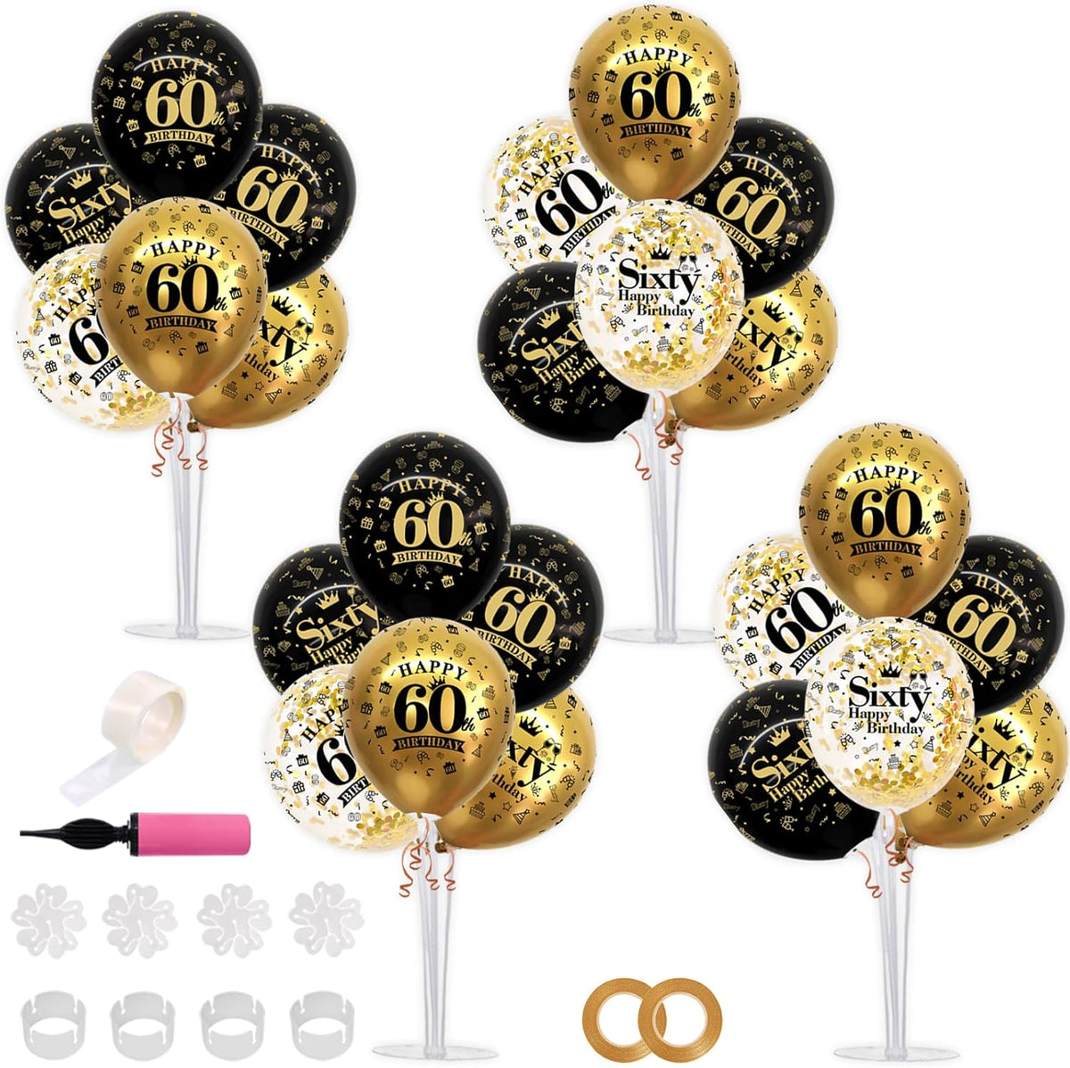 TONIFUL 4 Set Black Gold Balloon Stand Kit for Birthday Decorations for 60th,Balloon Centerpieces