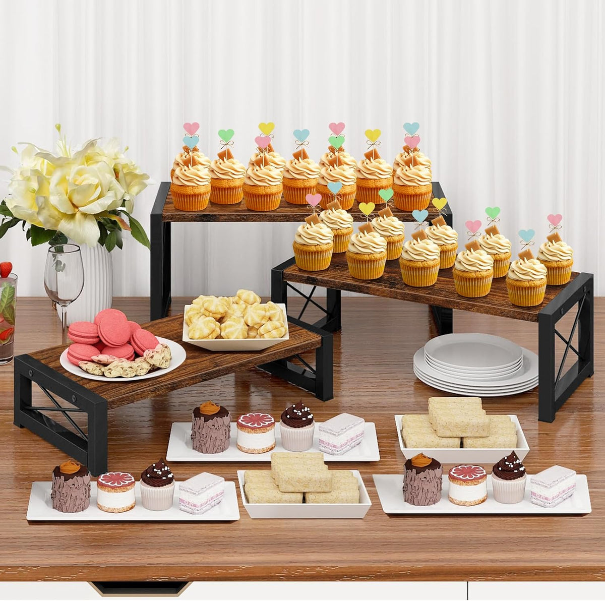 ELITEROO 3 Tier Cupcake Stand & Wood Display Risers, Dessert Stands for Cup Cake or Food, Riser