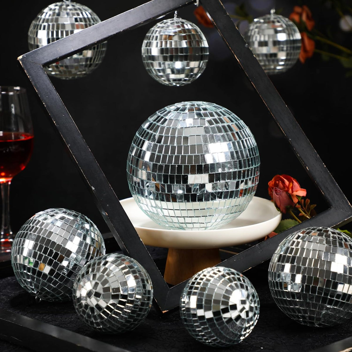 Haull 8 Pcs Large Disco Ball Set Silver Mirror Disco Reflective Ball with Hanging Ring Party
