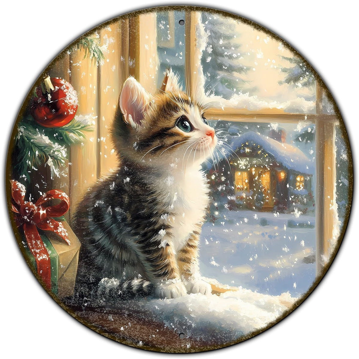Round Christmas Sign Cats Vintage Metal Sign Christmas Kitten Retro Tin Sign Wall Decor for Home