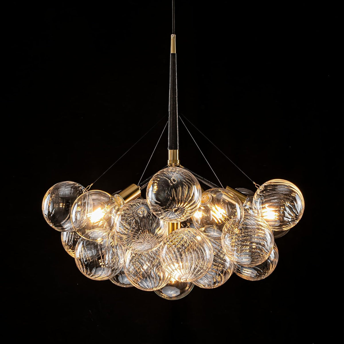 Modern Bubble Ball Swirled Glass Chandelier, Dia 24 inch Black and Clear Globe Blown Glass Small