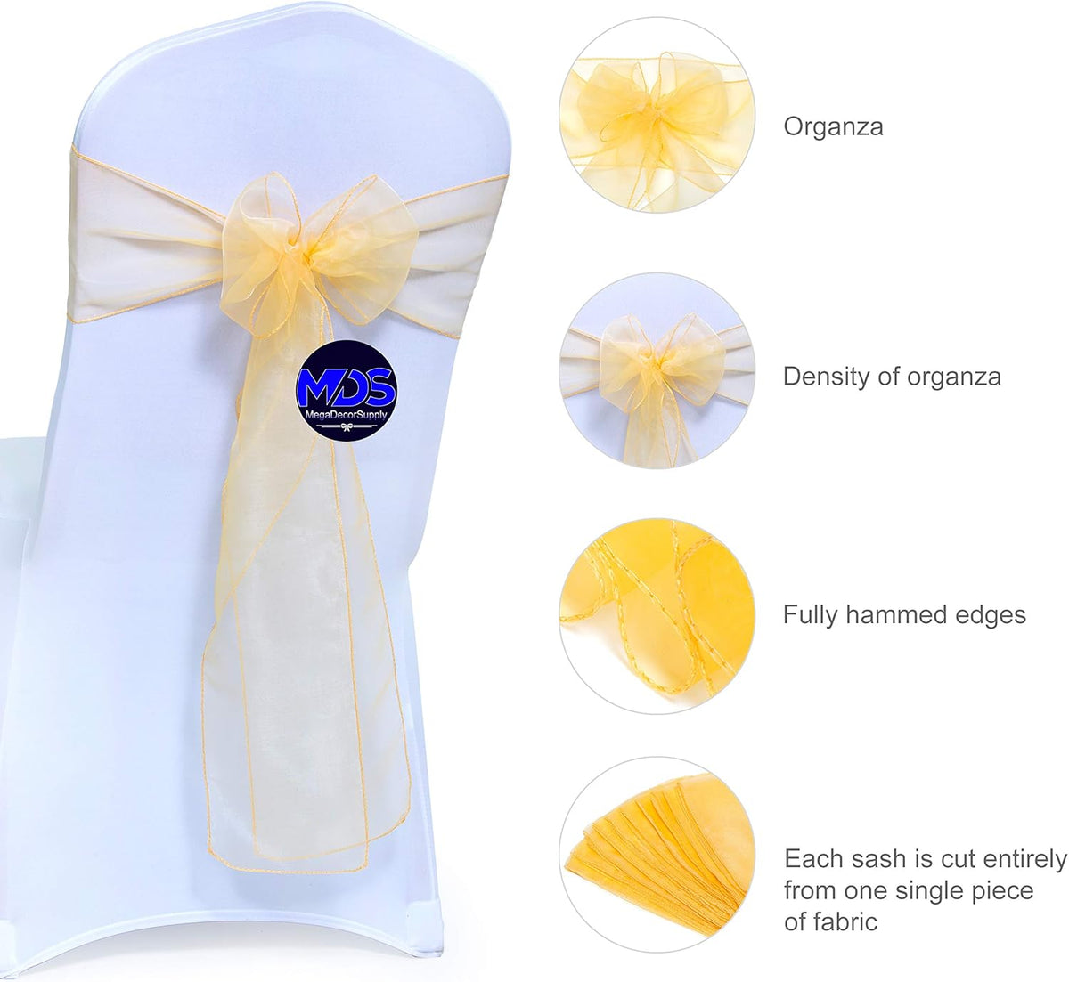 MDS Pack of 50 PCS Organza Chair Sashes Wider Dining Chair Bows Ribbon Tie Back for Wedding Party