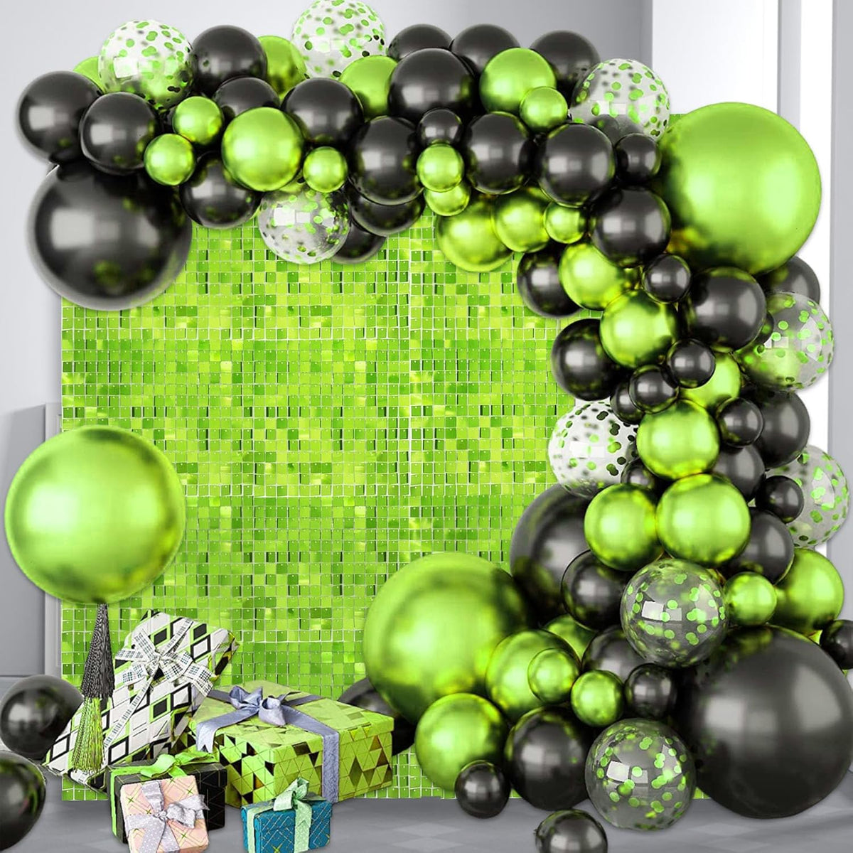 12PCS Green Shimmer Wall Backdrop, Square Sequin Photo Backdrops Panel, Glitter Wall Background for