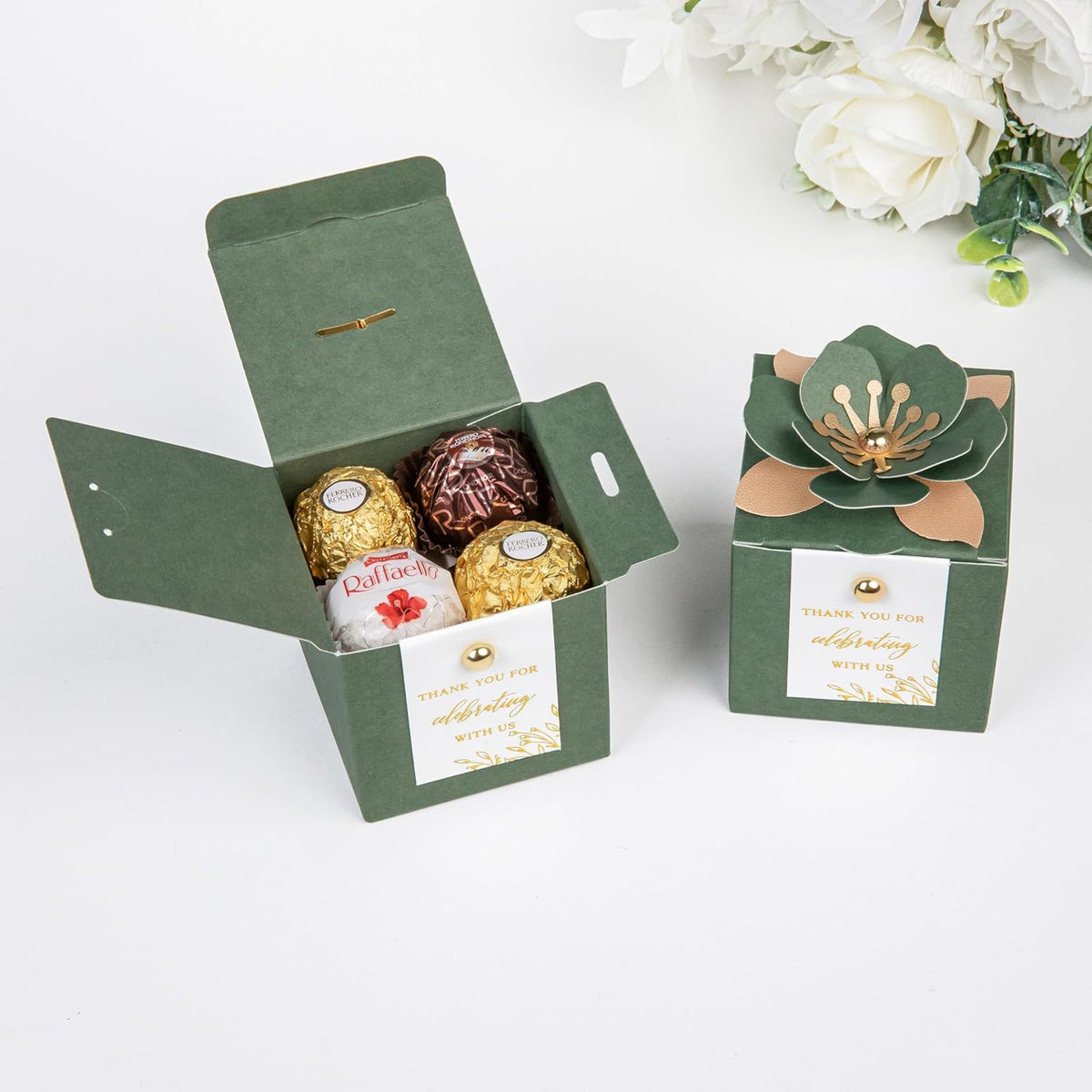 FEIYI 20 PCS Favor Boxes, 3 In 1 Olive Green Candy Boxes with Floral Decor, White Thank You Tags