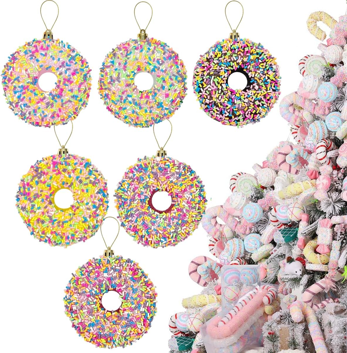 LANGXUN 6pcs Donut Candy Land 2025 Xmas Birthday Party Wedding Suppiles Decoration, Hanging Candy