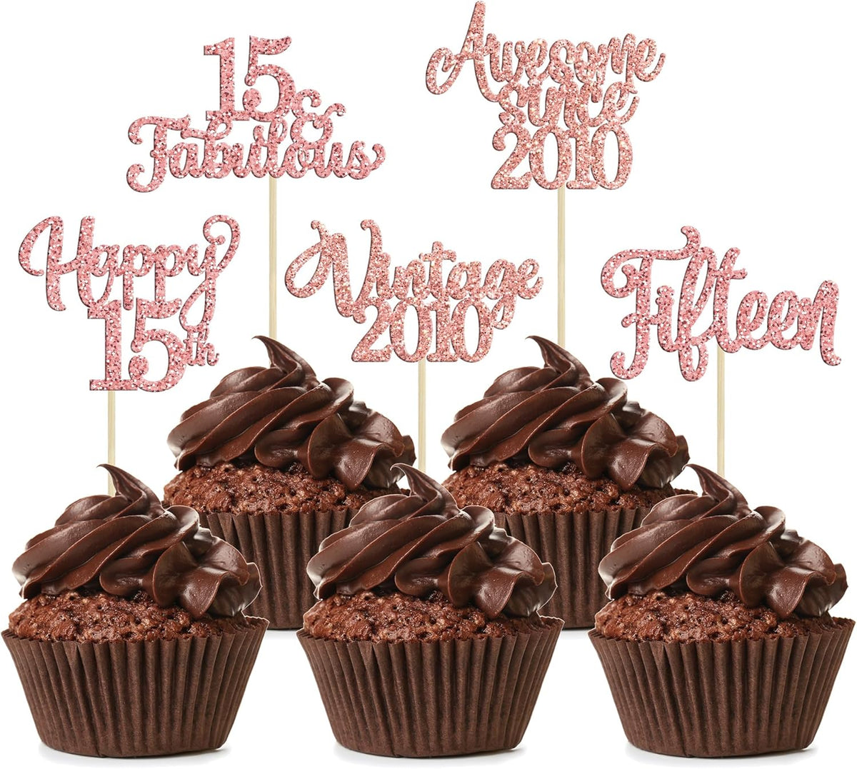30Pcs Vintage 2010 Cupcake Toppers Glitter Fifteen 15 Fabulous Happy 15th Birthday Cupcake Picks