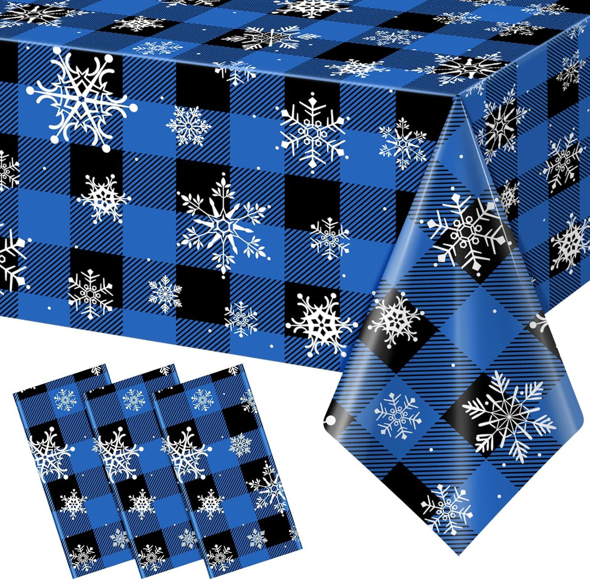 3Pcs Christmas Buffalo Plaid Snowflake Party Tablecloths Decorations,Plastic Black and Navy Blue