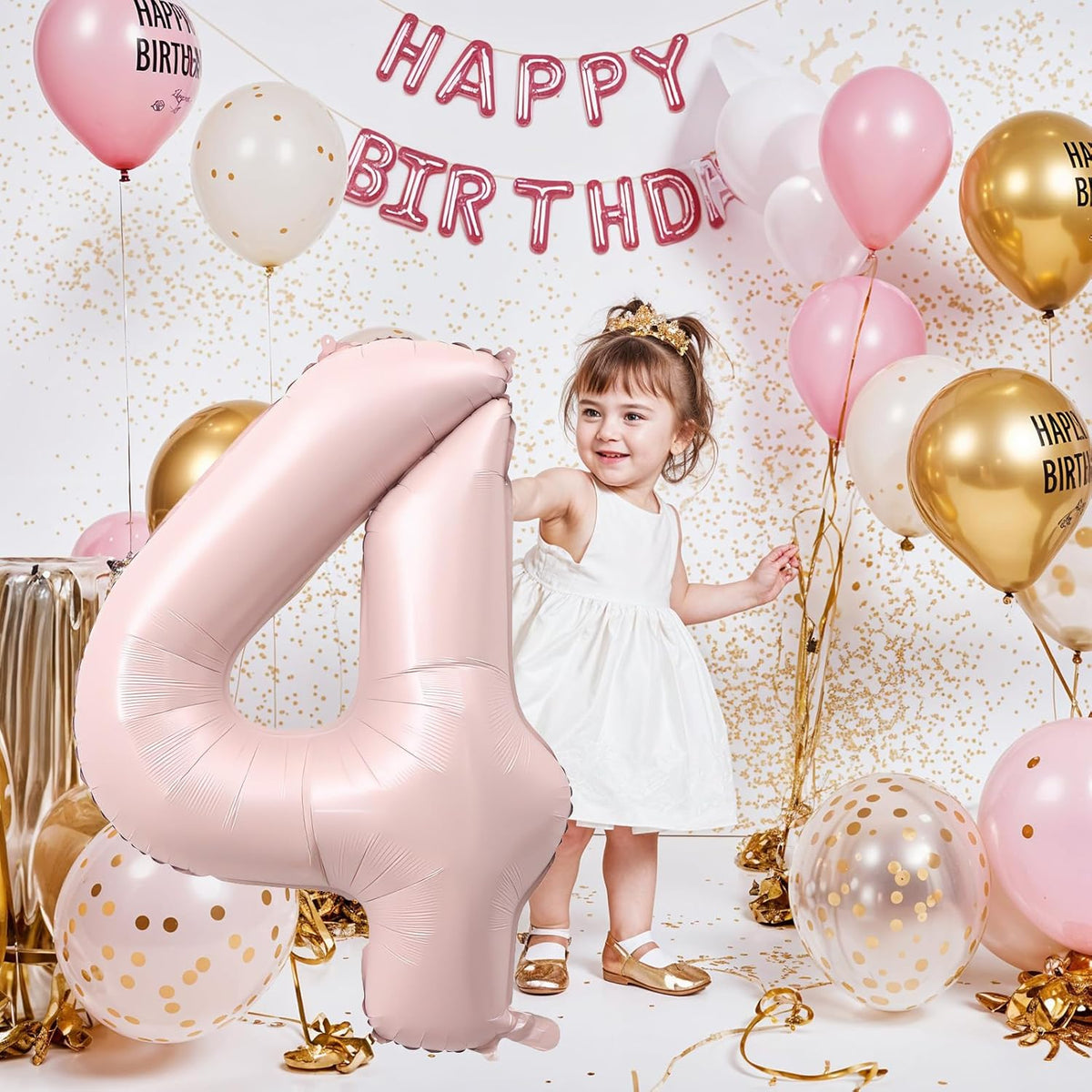 40 Inch Pastel Pink Number Balloon 4, Large Self Inflating Retro Dusty Pink Foil 4 Number Balloons