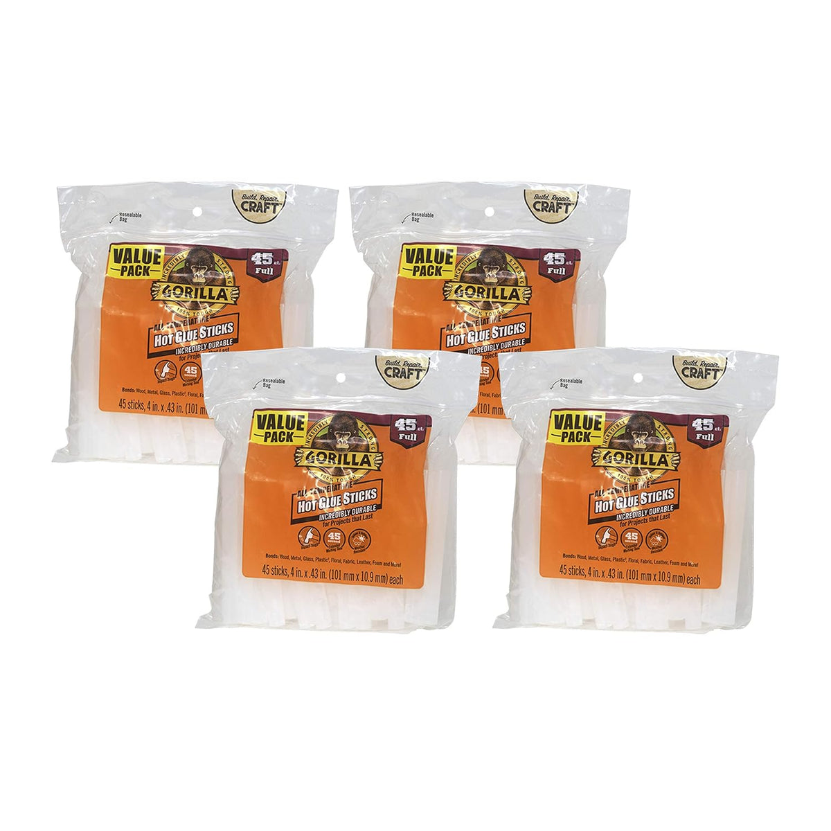Gorilla Hot Glue Sticks, Clear Glue, Full Size 4" Long x 0.43" Diameter, 45 Count (Pack of 4)