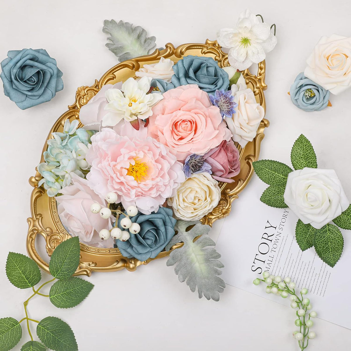 AmyHomie Blue Pink Artificial Flowers Combo Silk Mix Peony Rose Hydrangea Daisy Fake Flowers w/Stem