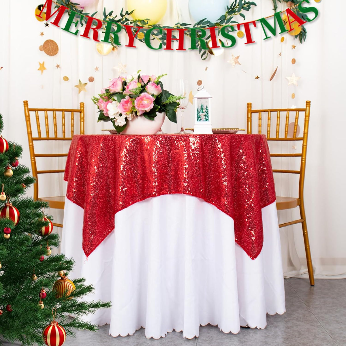 ShinyBeauty Sequin Tablecloth Square 54x54-Inch Red Table Cloths for Round Table Red Sequins Fabric