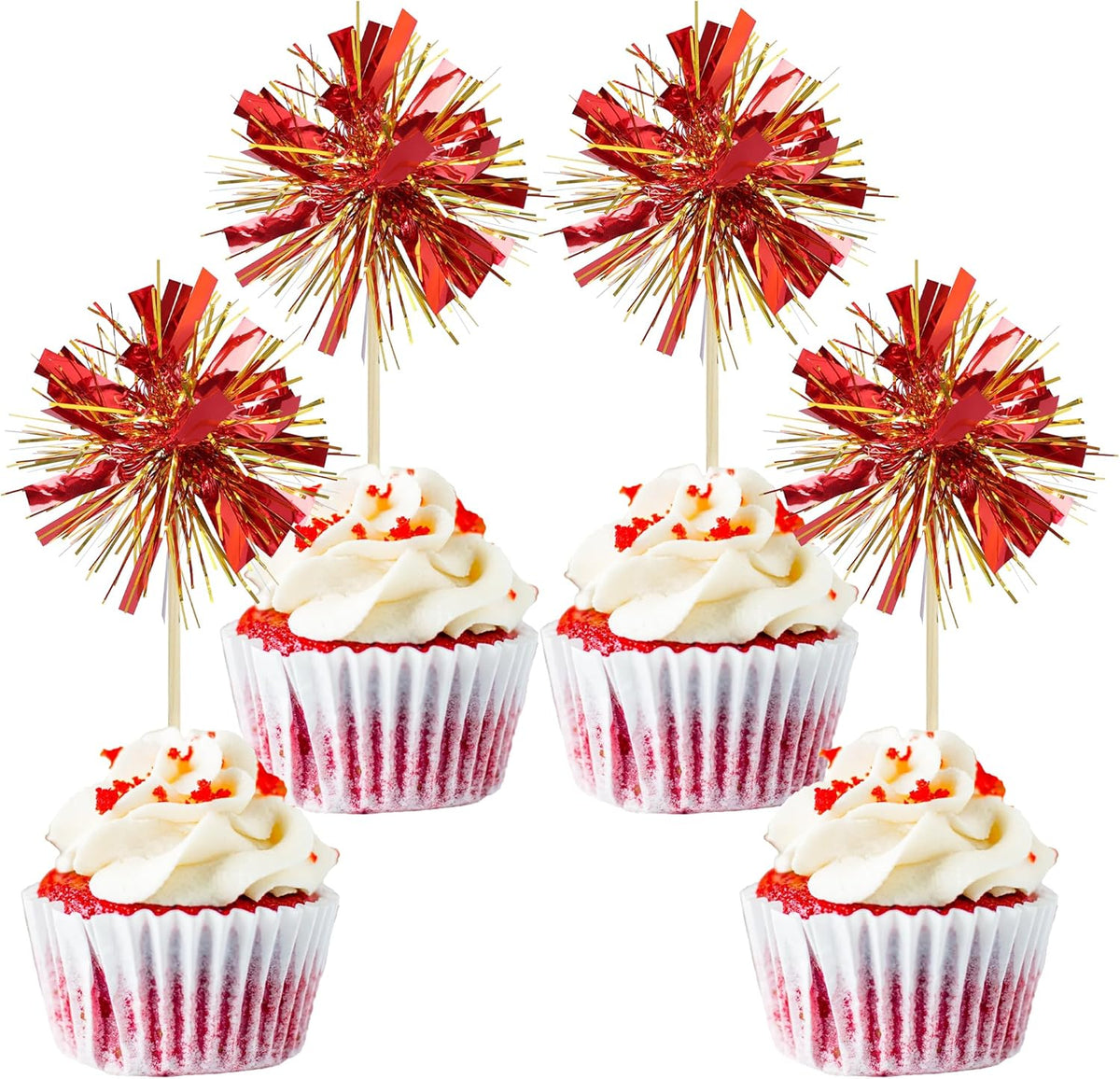 Gyufise 20Pcs Foil Firework Cupcake Toppers Sparkle Tinsel Cake Toppers Tinsel Drink Cake