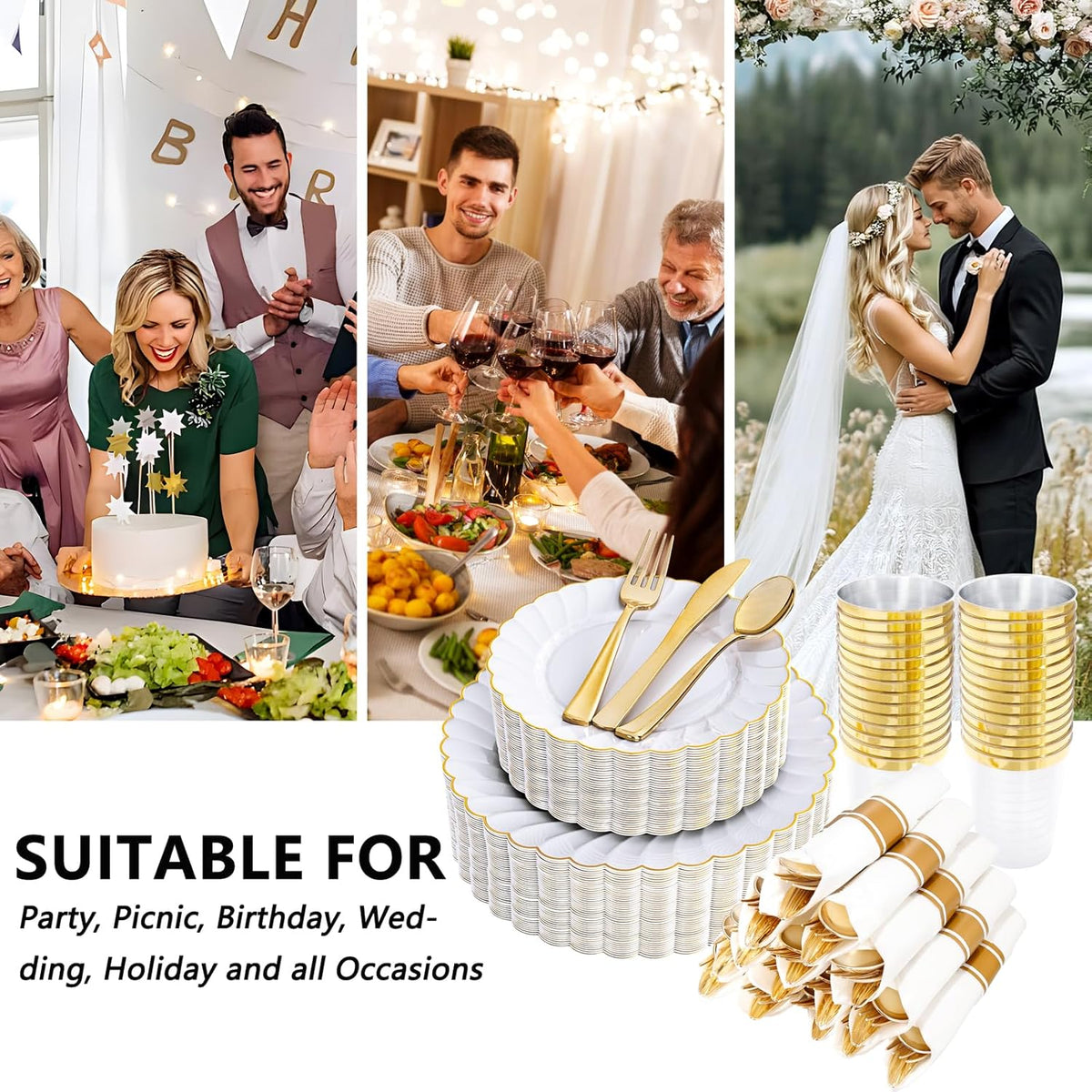YOUBET 350PCS Gold Scalloped Plastic Plates - White and Gold Disposable Dinnerware Set Include 100