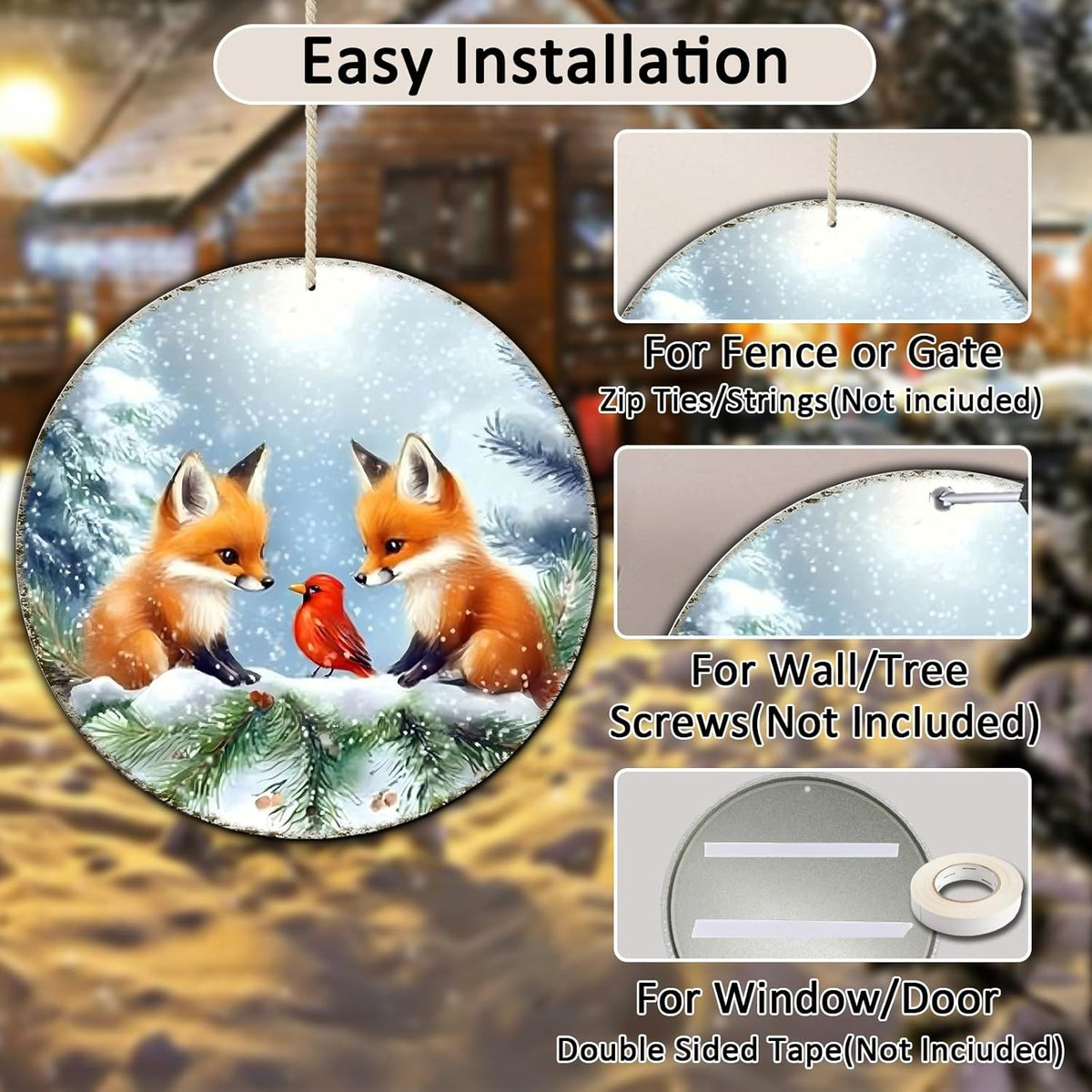 Christmas Round Fox Metal Tin Sign - Red Bird Winter Vintage Sign for Home & Outdoor Decorations