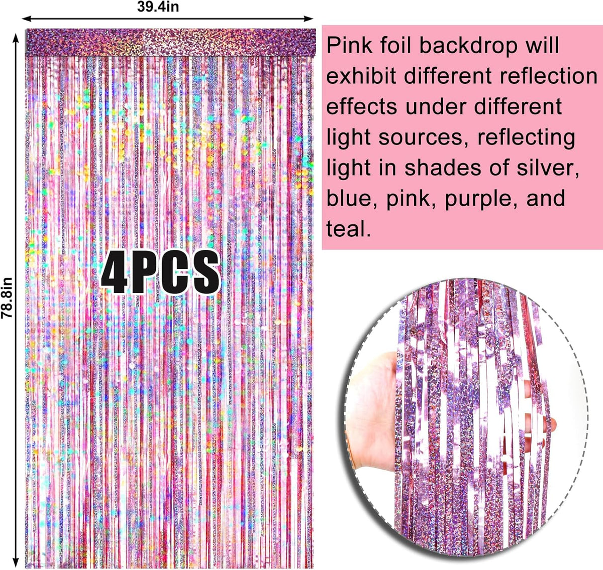 4 Packs Pink Foil Fringe Curtain, Pink Glitter Metallic Tinsel Backdrop for Birthday, Wedding, Baby