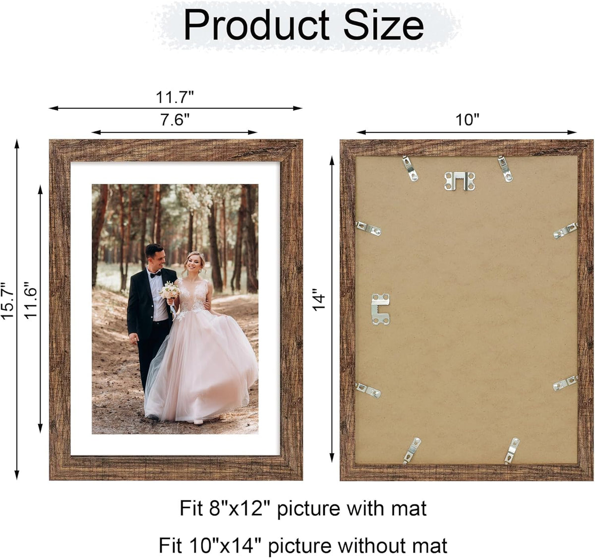 10x14 Picture Frame Set of 4 with Tempered Glass, Rustic Frame Display 8x12 Pictures with Mat or 10