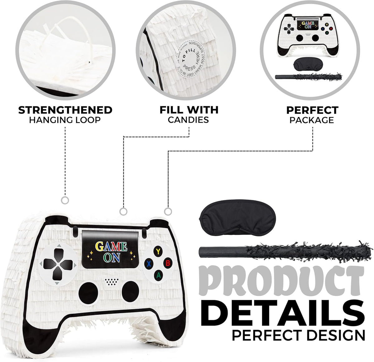 White Game Controller Pinatas Bundle with a Blindfold and a Bat(16.5 x 12 x 3.5 Inches), Perfect