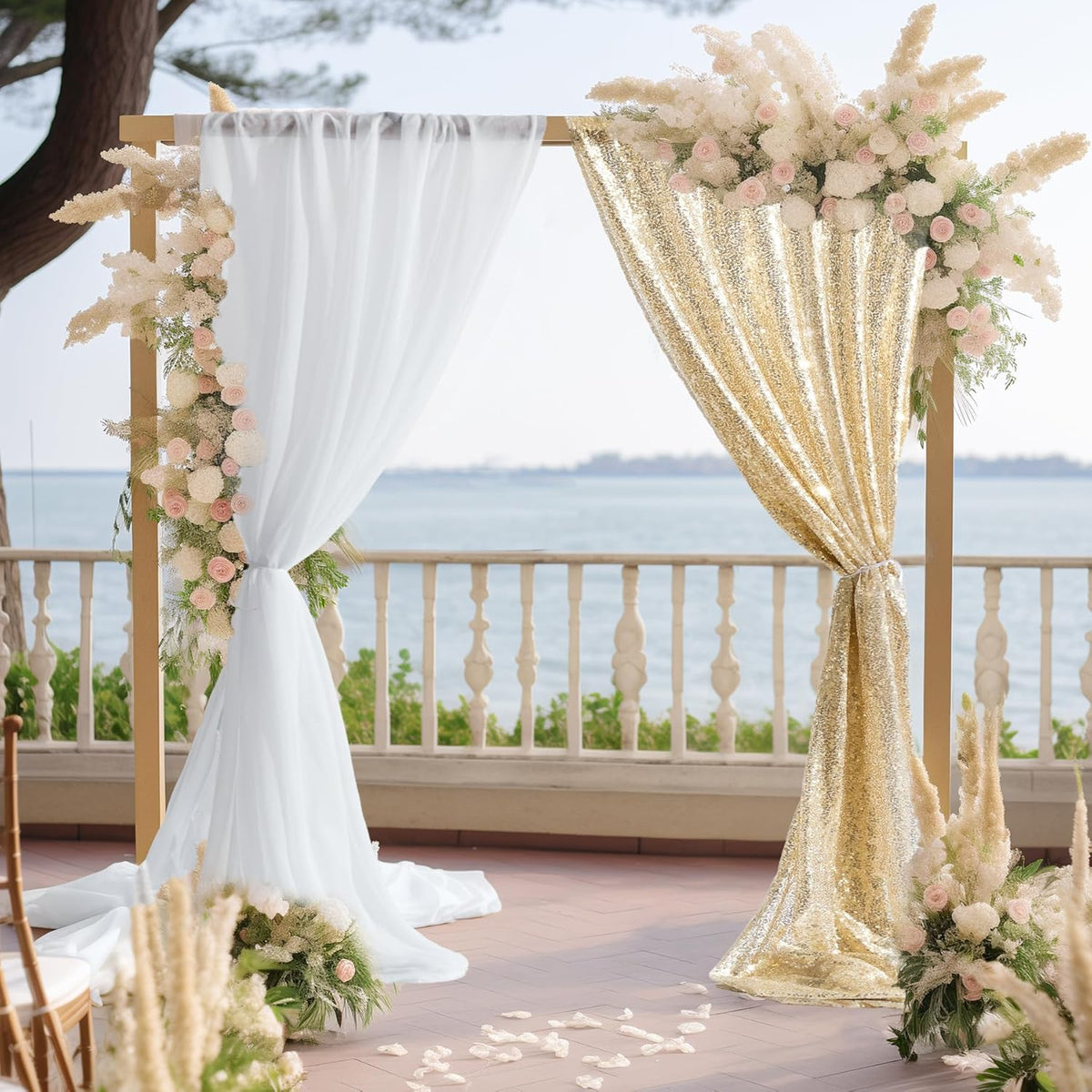 Wedding Arch Draping Fabric, 1 Panel 28" x19ft White Arch Drapes & 1 Panel 16" x19ft Champagne