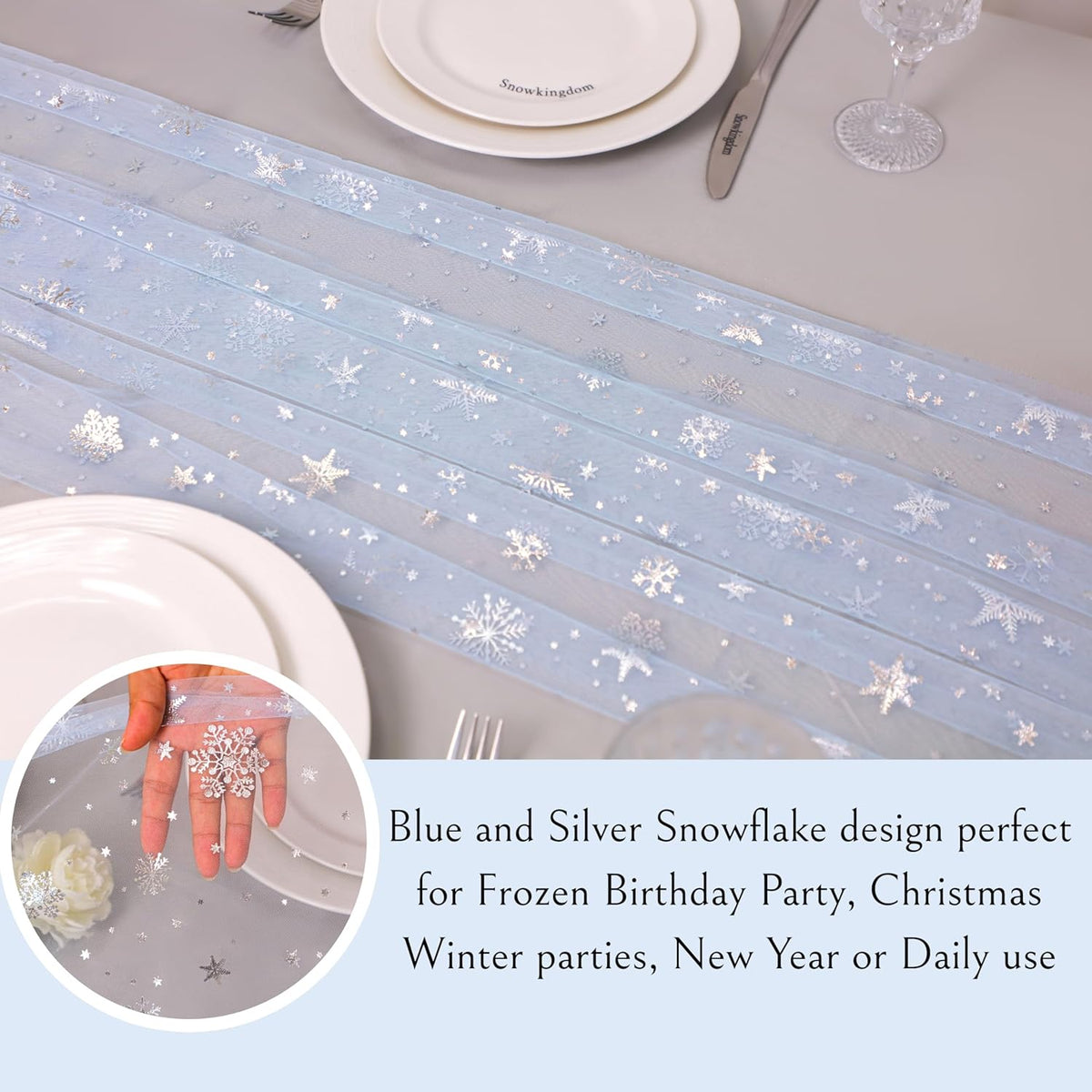 Snowkingdom Silver Snowflake Christmas Table Runner, 10ft Blue Cheesecloth Gauze Sheer Chiffon 120