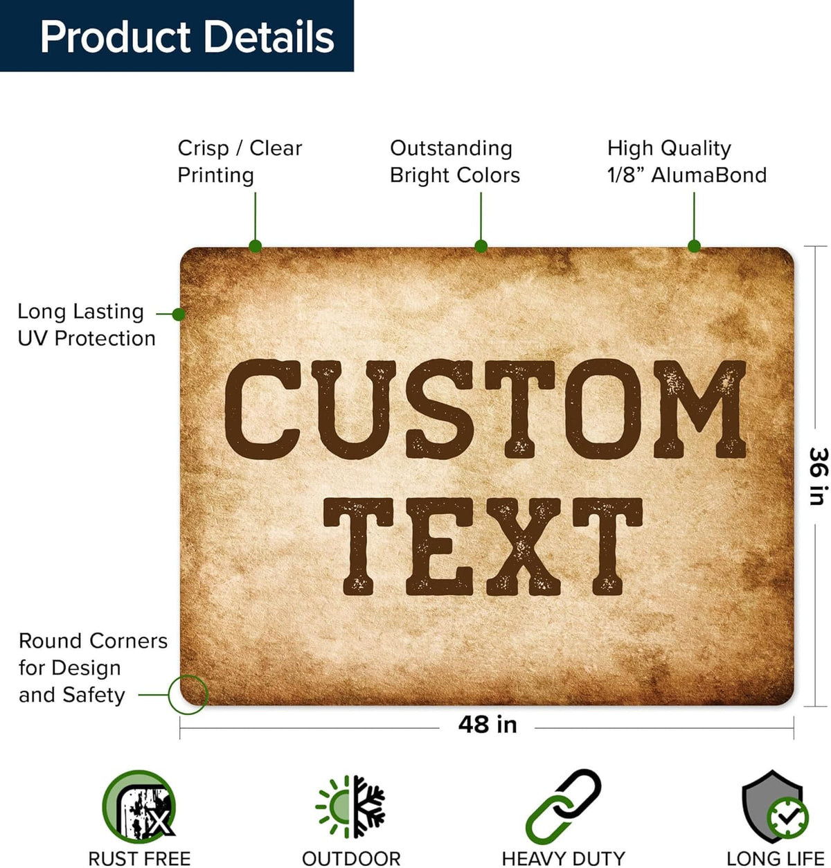 Custom Sign, Custom Street Sign, 11 Font Colors, 13 Font Styles, 4 Hole Options, 22 Sizes, 36x48