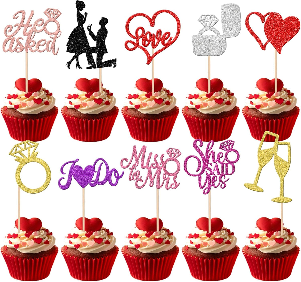 30 PCS Bride to Be Cupcake Toppers Glitter Miss to Mrs I Do Love Heart Ring Cupcake Picks Wedding