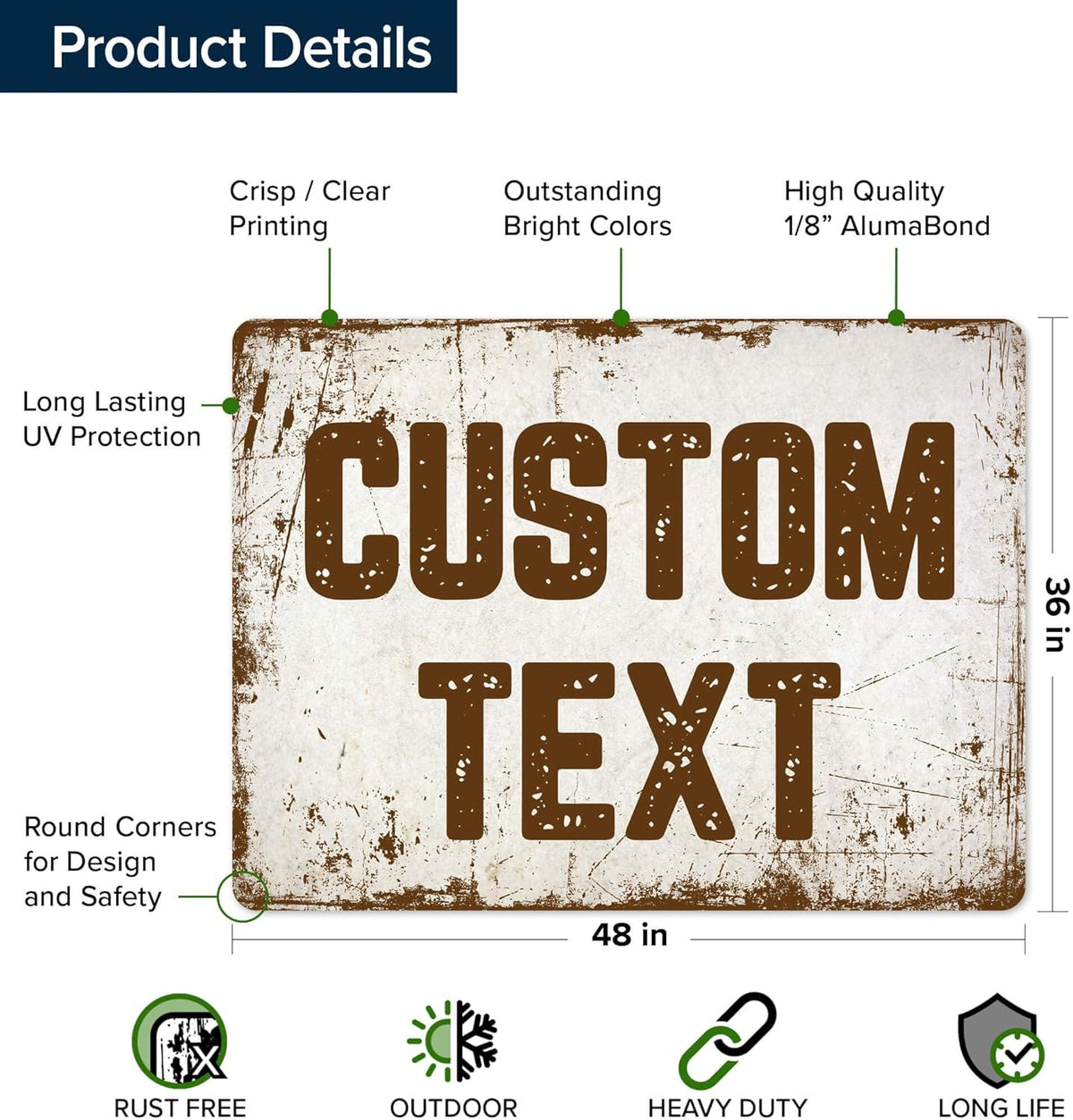 Custom Sign, Custom Street Sign, 11 Font Colors, 13 Font Styles, 4 Hole Options, 22 Sizes, 36x48