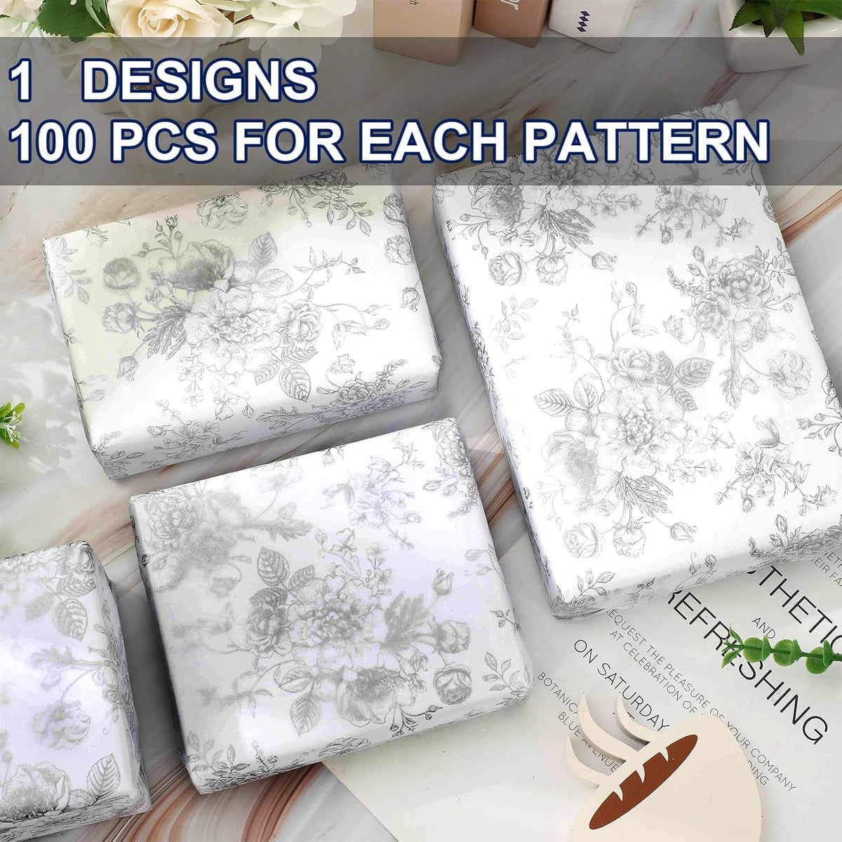 JarThenaAMCS 100 Sheets Floral Tissue Paper Silver Flower Gift Wrapping Paper Vintage Decorative