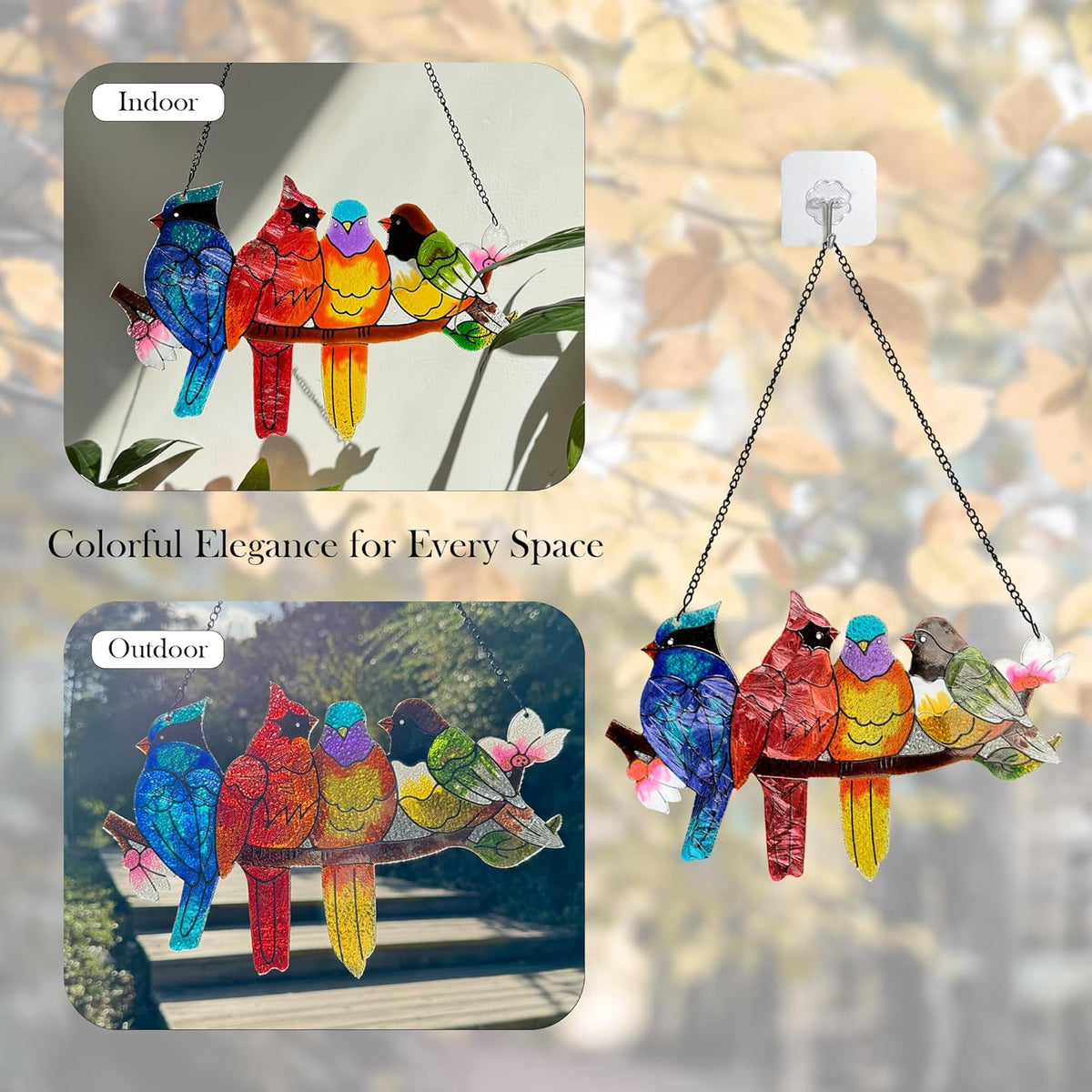 Stained Glass Window Hanging - Large Suncatcher Stained Glass Birds on Branch, Sun Catchers for