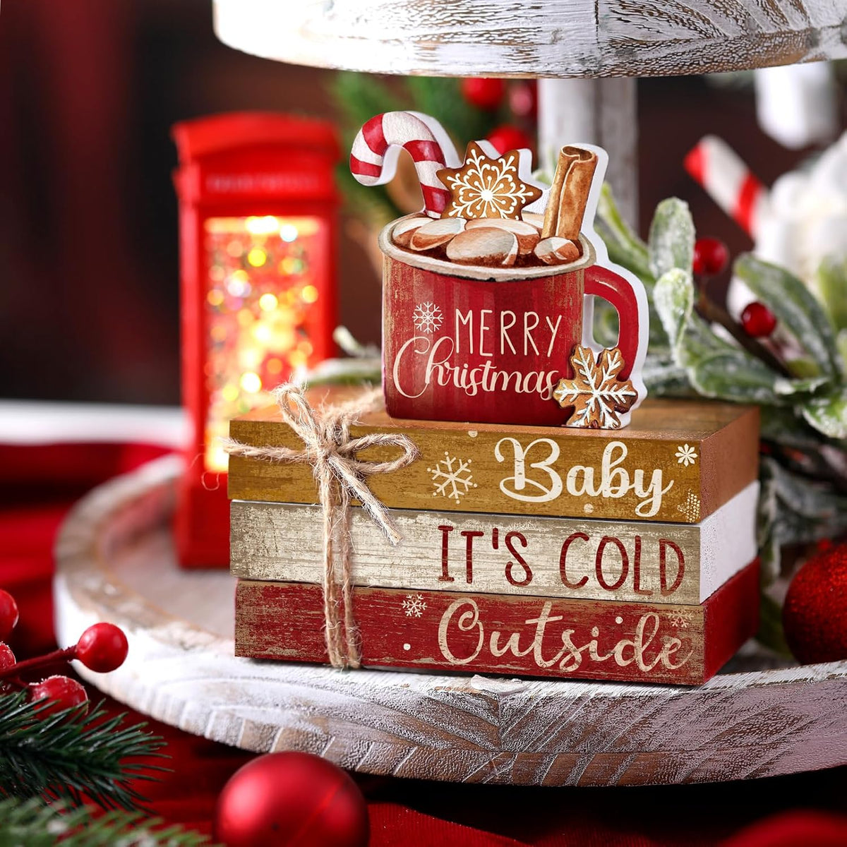 4 Pcs Christmas Table Decor Wooden Hot Cocoa Decoration Christmas Centerpiece Winter Tiered Tray