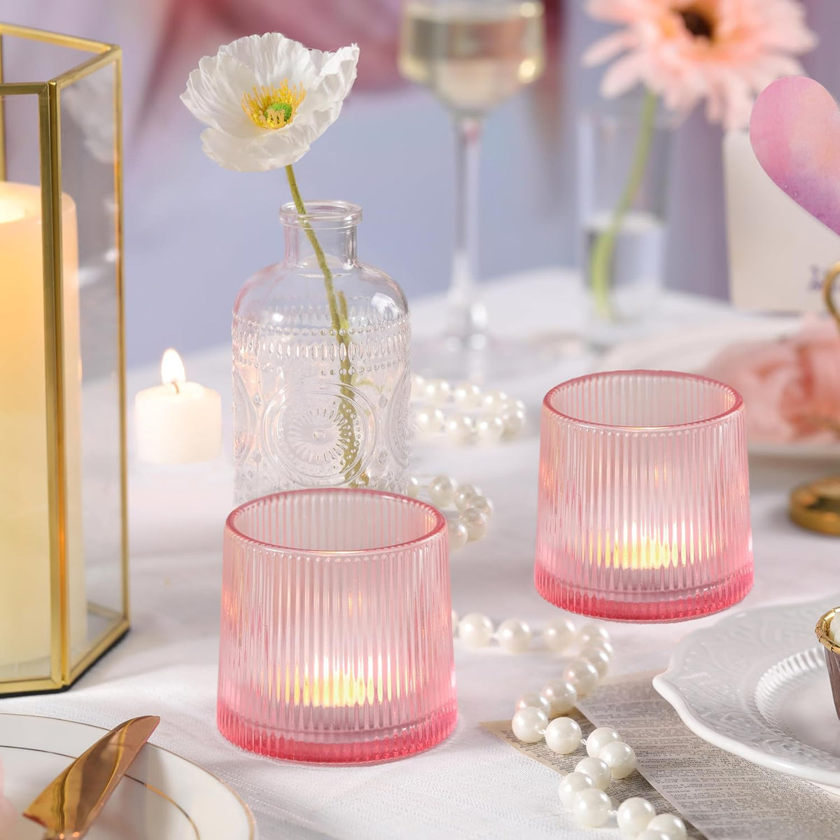 Pink Ribbed Tealight Votive Candle Holders- 6Pack Glass Candle Holders for Table Centerpiece, Home