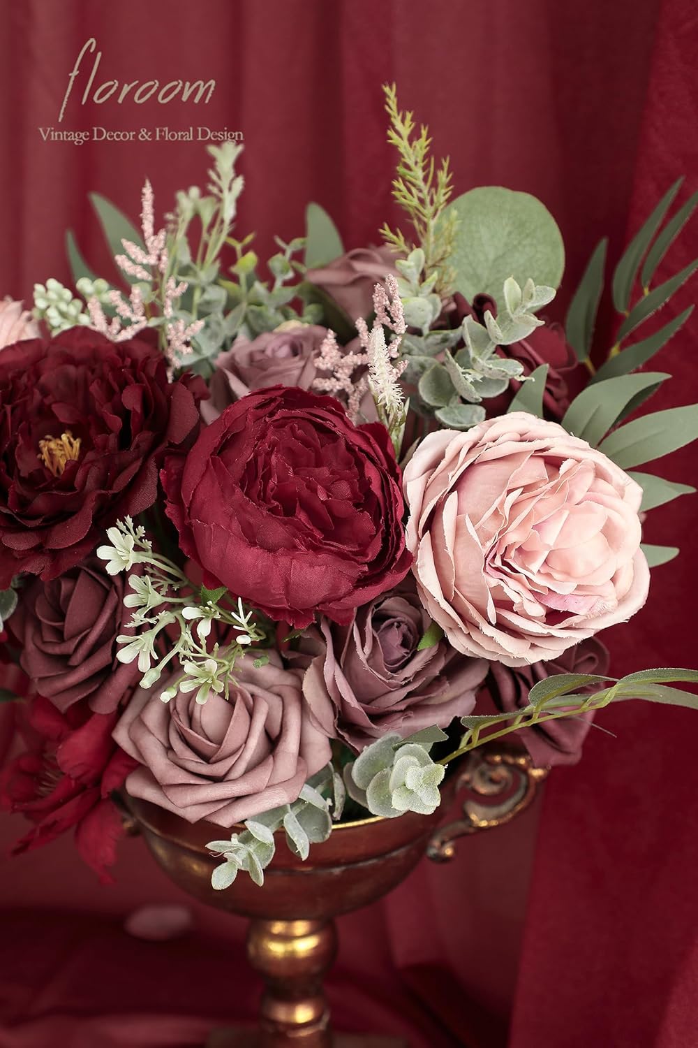 Floroom Burgundy Mauve Artificial Flowers Marsala Fake Roses Peonies and Greenery Combo Box Set for