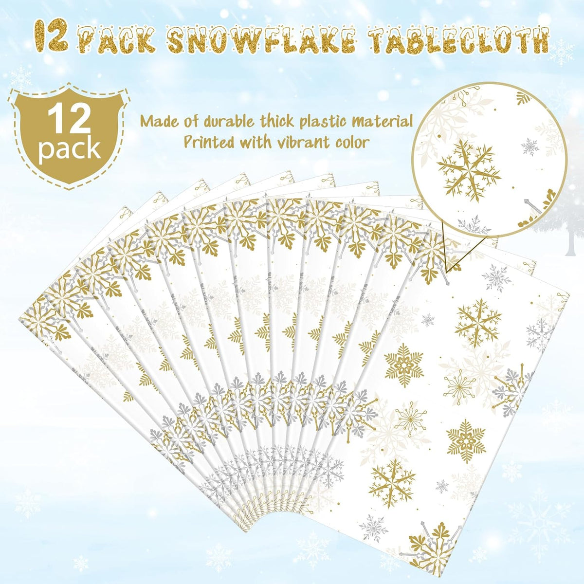 12Pcs Christmas Snowflake Party Tablecloths Decorations,Plastic White and Gold Table Cloth,Winter