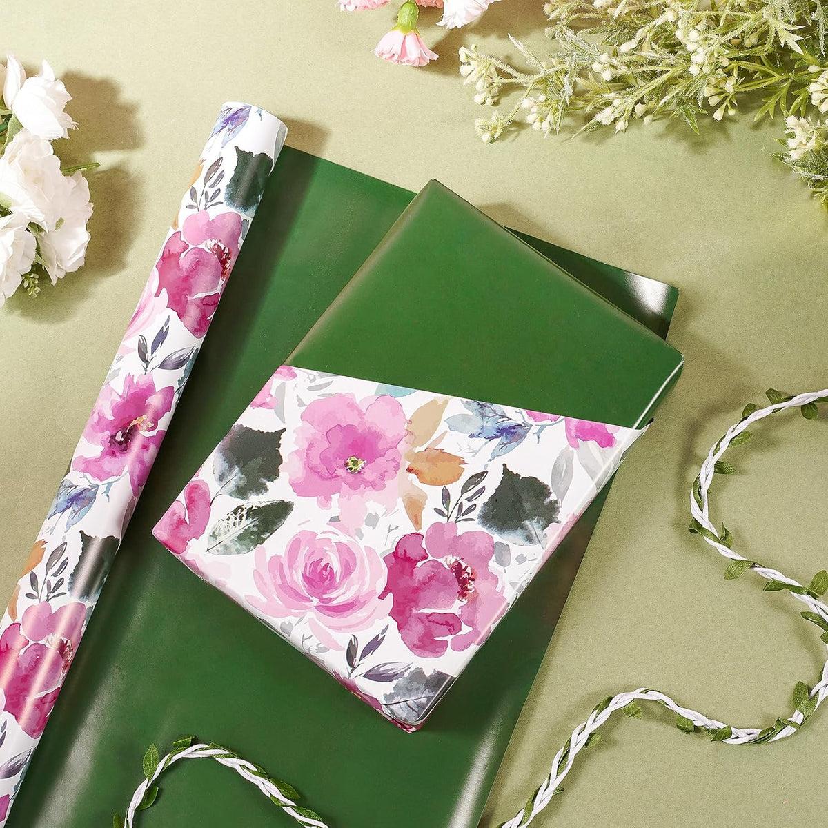 RUSPEPA Reversible Floral Wrapping Paper for Women, Mini Roll, Vintage Pink Rose with Deep Green