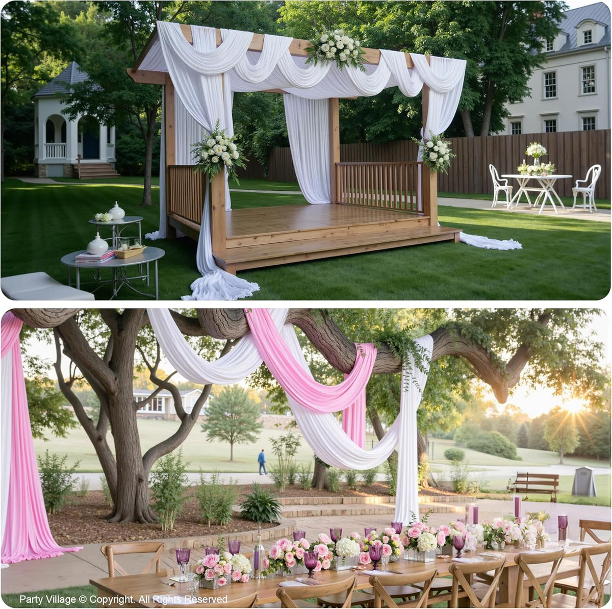 PartyVillage 10ftx40ft White Ceiling Curtain for Wedding Parties – 2 Panels Wrinkle-Free 40 FT Long