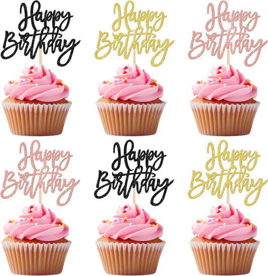 24 PCS Happy Birthday Cupcake Toppers Glitter Happy Birthday Cupcake Picks for Celebrating