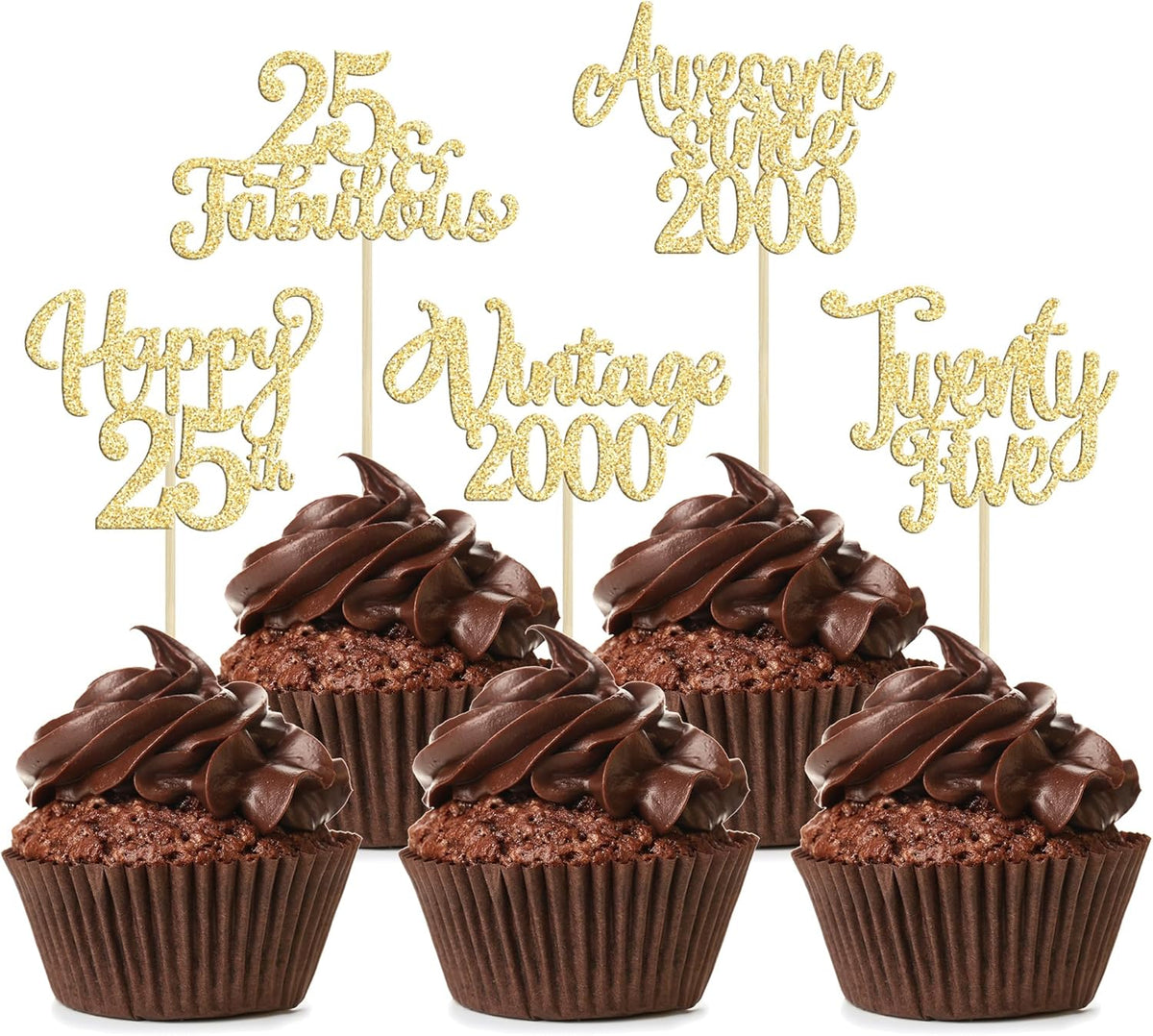 30Pcs Vintage 2000 Cupcake Toppers Glitter Twenty-Five Happy 25th Birthday 25 Fabulous Cupcake