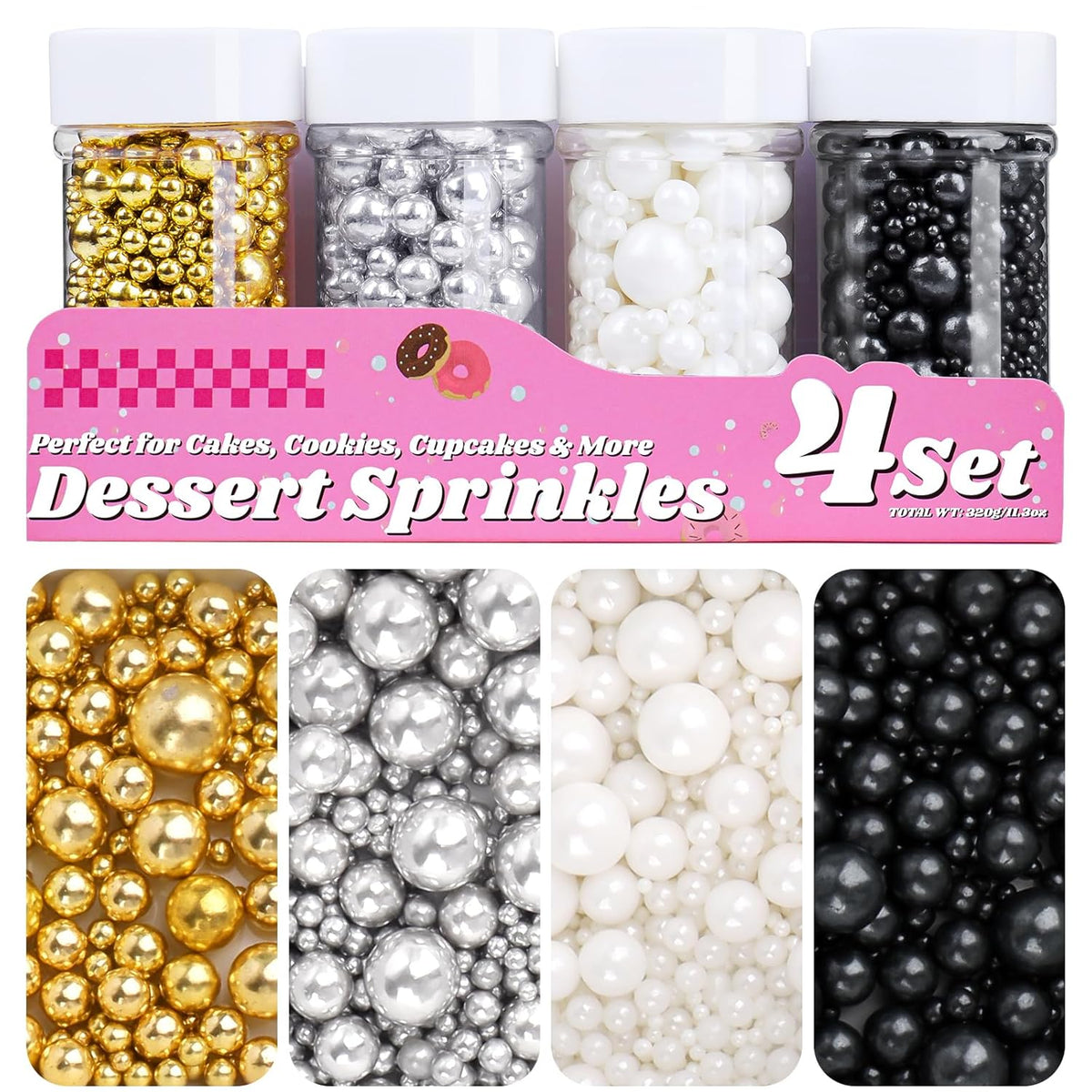 Pearl Sprinkles for Cake Decorating, 11.3 Oz Edible Pearls Sugar 4 Colors Gift Box Set for Baking