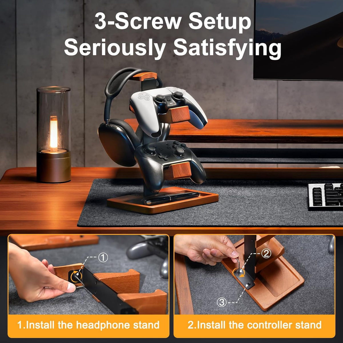 Solid Wood Controller Holder and Headphone Stand, Gaming Controller Stand for Desk, Dual Controller