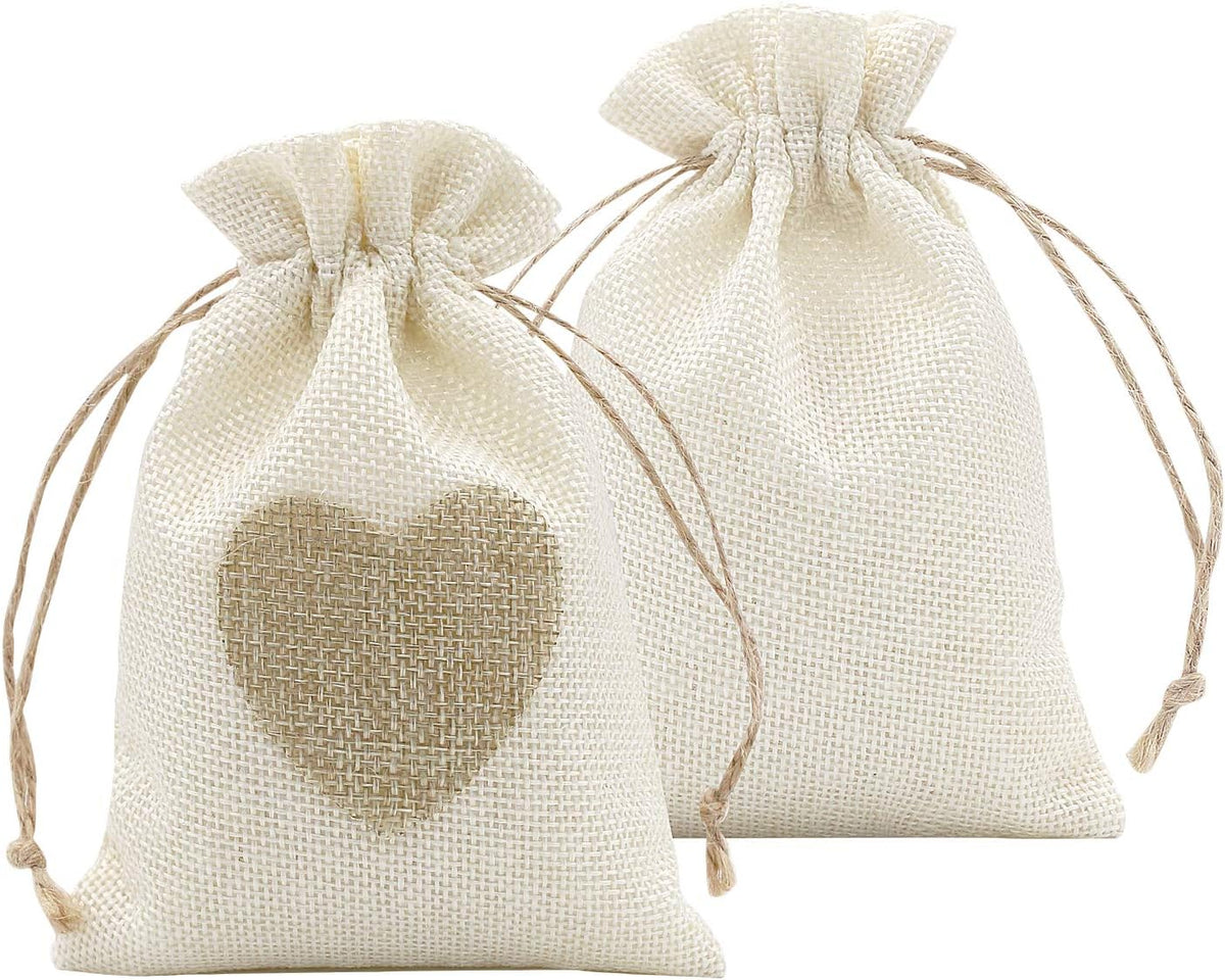 SumDirect Heart Burlap Bags with Drawstring - 36Pcs 4x6 Inch Beige Small Linen Gift Pouch for