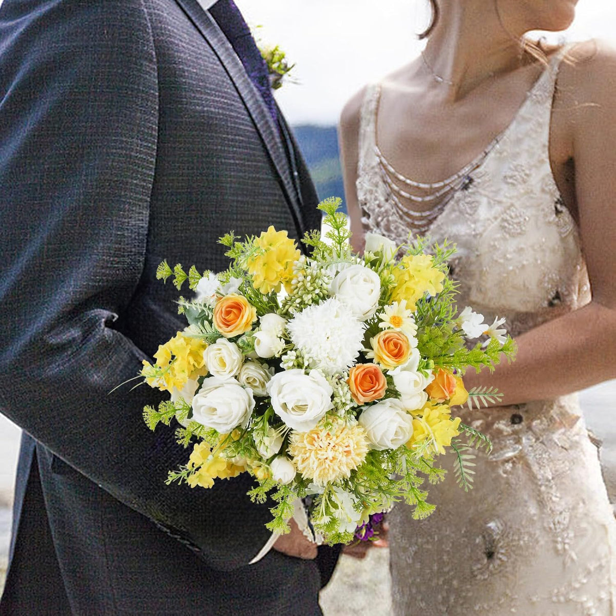 8Pcs Fake Flower Bouquet Artificial Silk Flowers White Yellow Rose Faux Floral Arrangements Picks