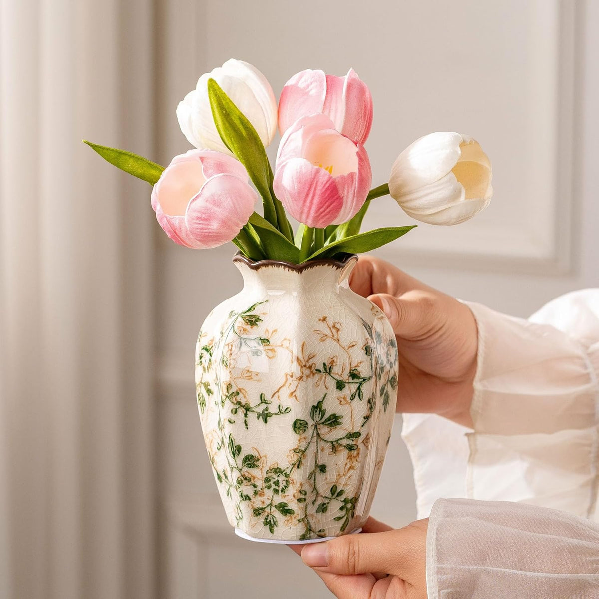 Ceramic Vases Set of 3, Green & Beige Chinoiserie Flower Pitcher Vase, Farmhouse Vintage Floral