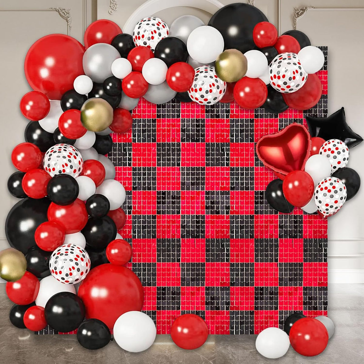 12PCS Black Red Shimmer Wall Backdrop, Square Sequin Photo Backdrops Panel, Glitter Wall Background