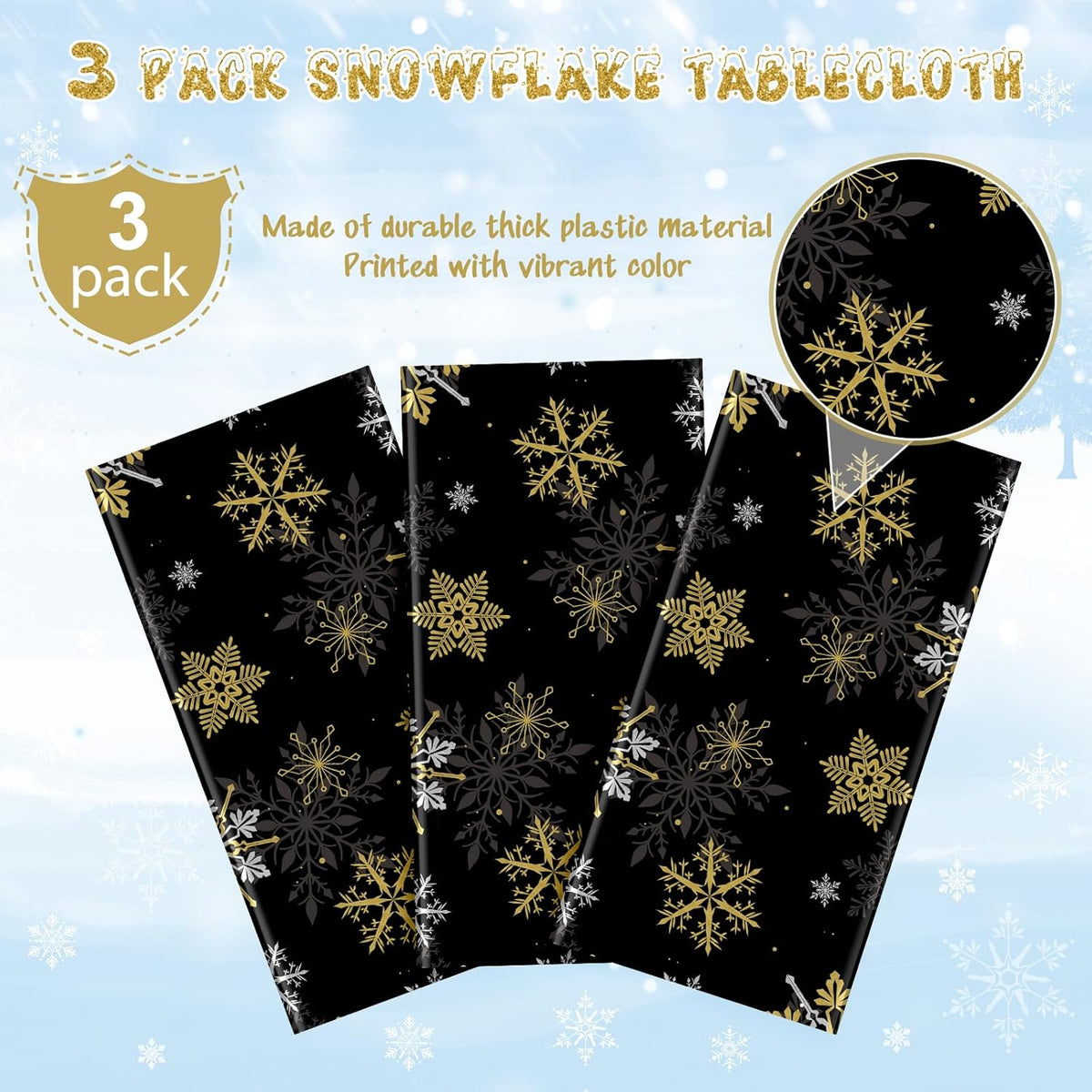 3Pcs Christmas Snowflake Party Tablecloths Decorations,Plastic Black and Gold Table Cloth,Winter