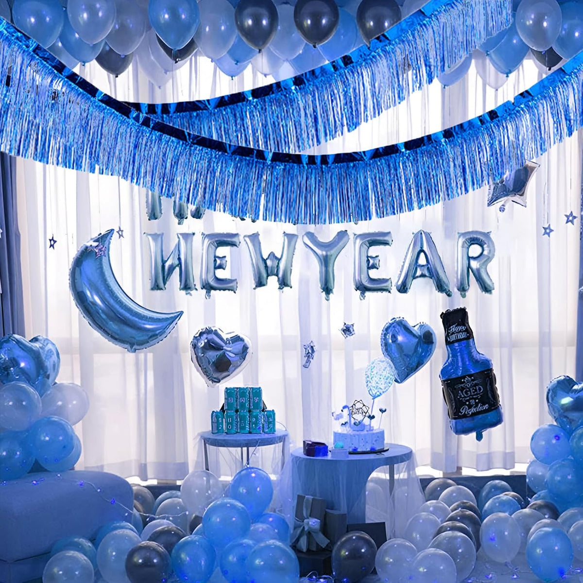 Blue Foil Fringe Garland 10FT 6packs, Metallic Foil Tinsel Fringe Banners for Parade Float