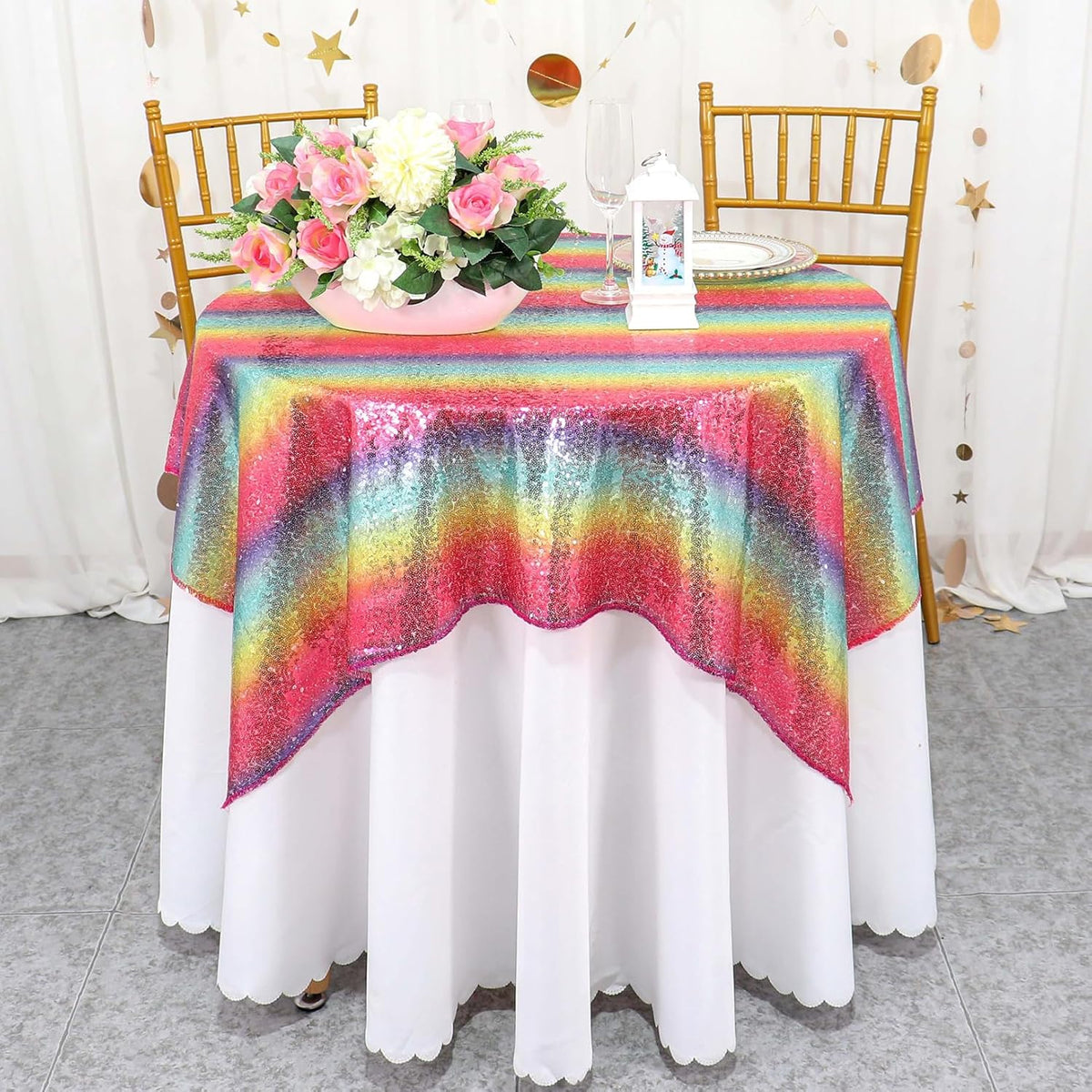 ShinyBeauty Sparkling Sequined Tablecloth 54x54 Inch - Glitter Square Table Cover for Birthday