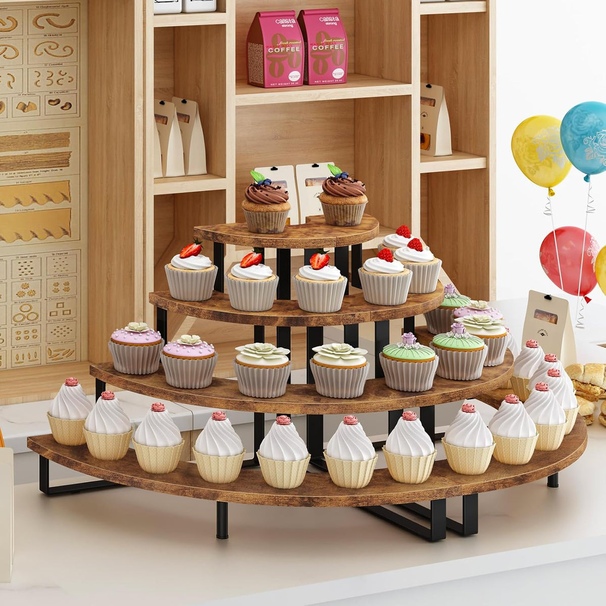 ELITEROO Cupcake Tier Stand, Wooden Cup Cake Stand Stairs, 4 Tier Dessert Table Display Set for