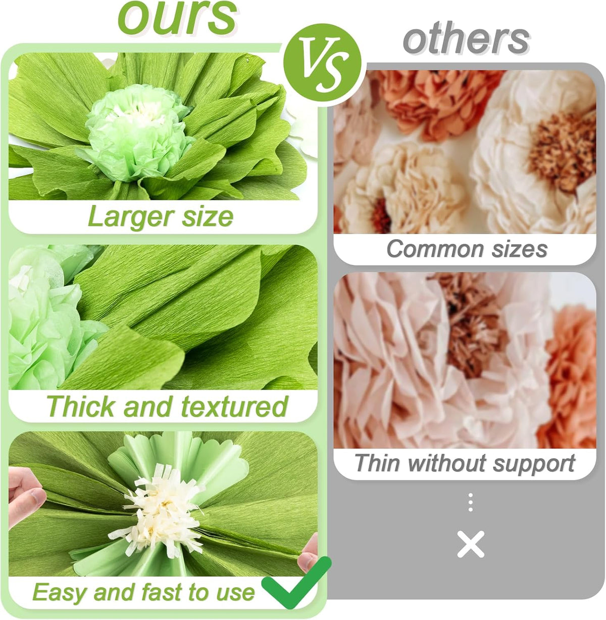 SUNBEAUTY 4 PCS 20" Sage Green Giant Paper Flowers Large Crepe Paper Tissue Flowers Artificial