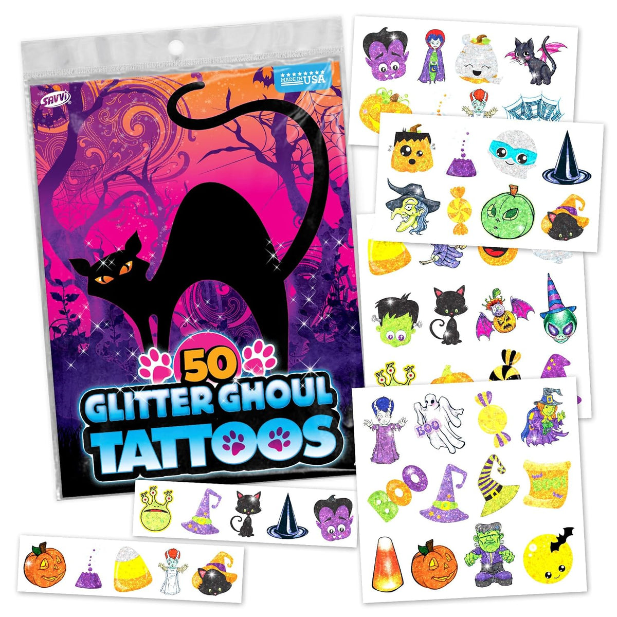 Assorted Glitter Halloween Tattoos – Sparkly Temporary Tattoos for Kids, Includes Pumpkins, Ghosts